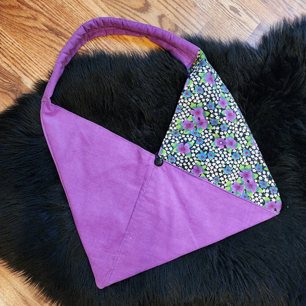 Purple Corduroy Floral Women's Boho Origami Shoulder Bag